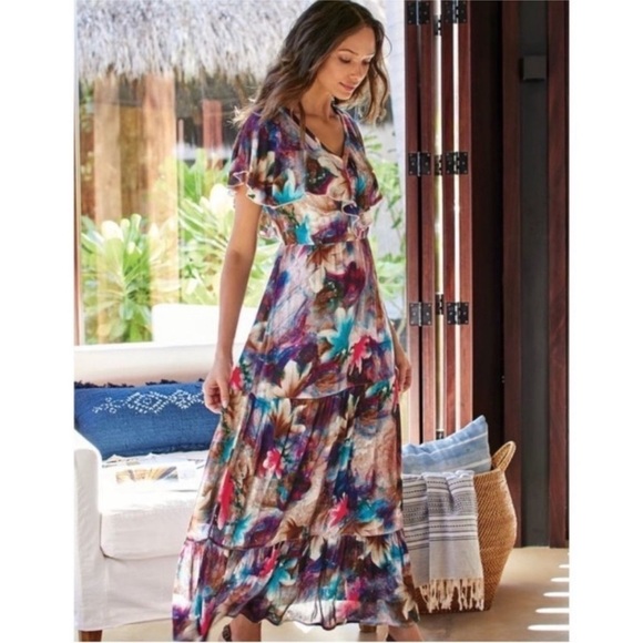 Soft Surroundings Italian Dreams Floral Gauze Tiered Ruffle Maxi Dress Womens XL - Picture 1 of 13